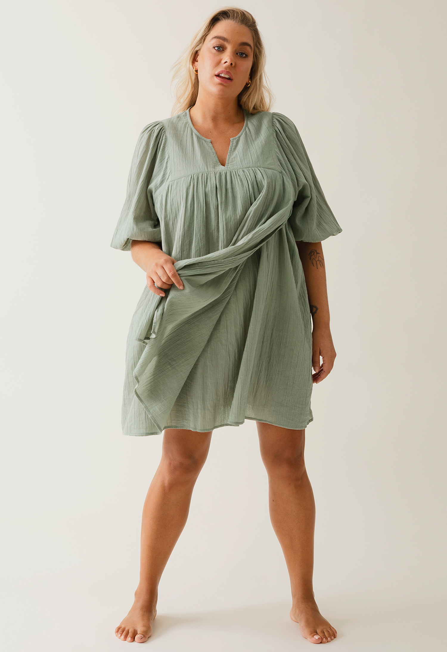 Boho maternity mini dress - Green Tea gallery